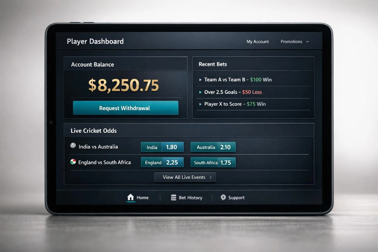 Player dashboard on All Panel Mahadev Book showing balance bets and markets