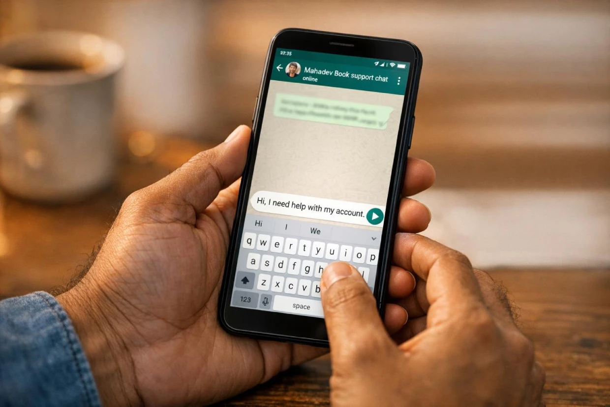 Typing a message to Mahadev Book WhatsApp support for instant response